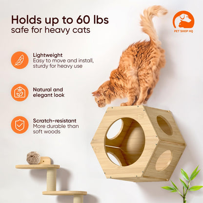 Cat Wall Furniture - Climbing Shelves, Ladders, Hammock & More - Bamboo Material - Light Brown - Cat House, Shelves, Perches, Hammock, Bed, Bridges, Walkways