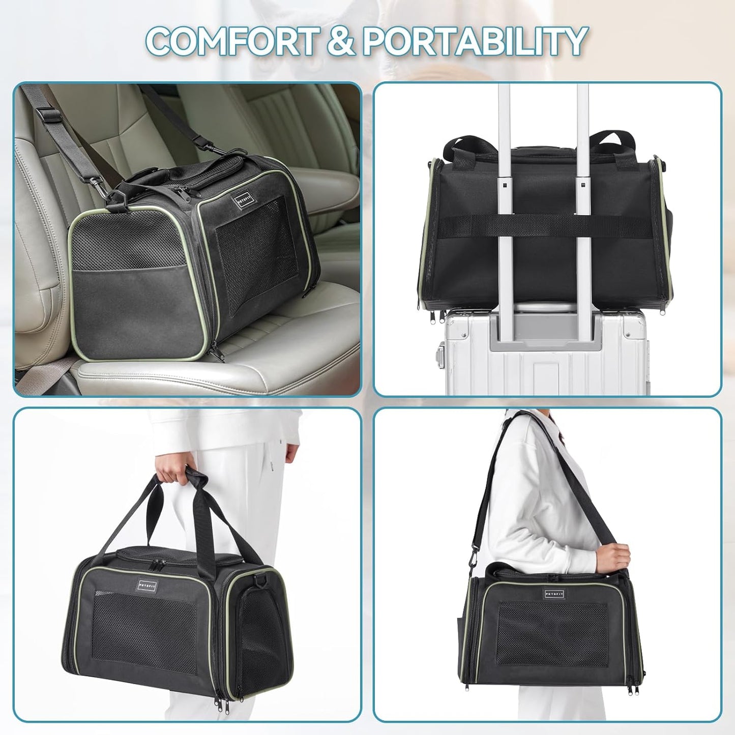 PETSFIT Pet Carrier Airline Approved with Extendable Mat, Dog Carriers for Small Dogs, TSA Approved Pet Carrier, Puppy Carrier for Small and Medium Cats Under 12 Lbs, Black