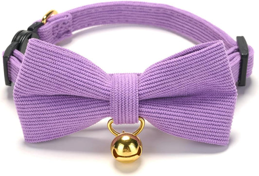2 Pack Soft Corduroy Cat Collars with Bow Tie & Bell, Adjustable Breakaway Cotton Kitty Bowtie Collar for Girl Female Kitten (Pink & Purple)