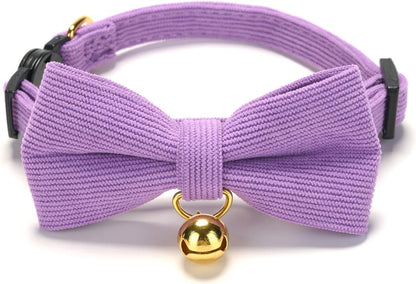 2 Pack Soft Corduroy Cat Collars with Bow Tie & Bell, Adjustable Breakaway Cotton Kitty Bowtie Collar for Girl Female Kitten (Pink & Purple)