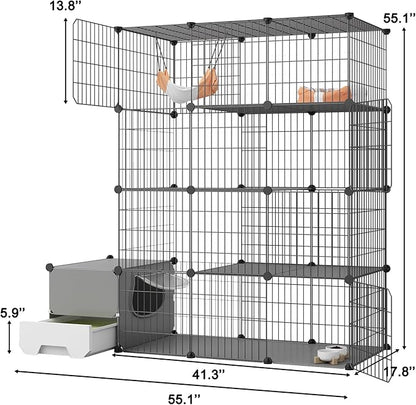 Oneluck Cat Cage with Litter Box,4-Tier DIY Enclosures Large Playpen Detachable Metal Wire Kennel Indoor Crate Large Exercise Place Ideal for 1-2 Cats (41.3" L x 17.8" W x 55.1" H)