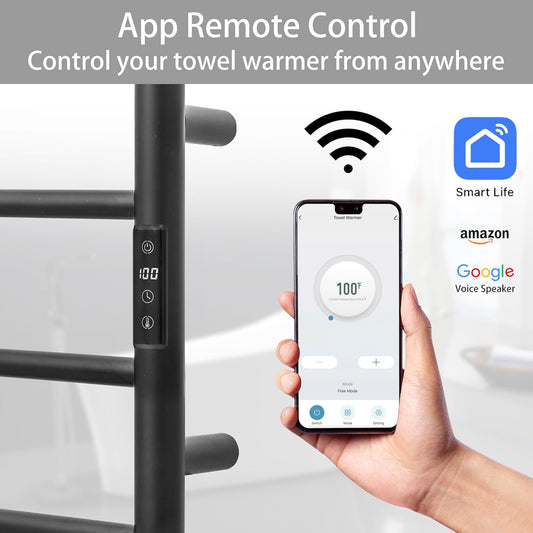 KEG Smart WiFi Towel Warmer Wall Mounted with Built-in Timer and Temperature Adjust Control, 12 Bars Electric Stainless Steel Heated Towel Racks for Bathroom Black