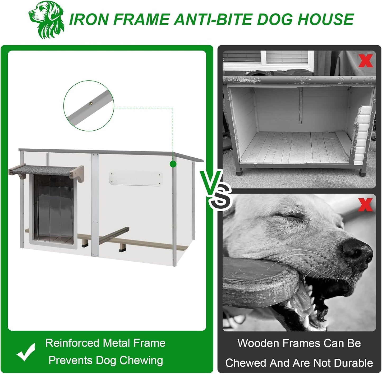 Dog House Outdoor Weatherproof & Wooden Dog Kennel with Chew-Proof Iron Frame，Removable Floor, Adjustable Vent Window, Easy Assembly for Large and Extra-Large Dogs 55.1" D x 33.1" W x 34.8" H