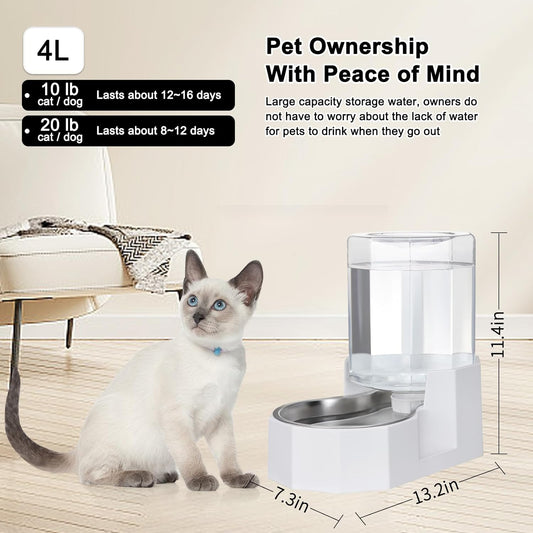Sfozstra Gravity Water Bowl Dispenser : Automatic 4L White Cat Stainless Steel Feeder Without Filters for Pets Indoor/Outdoor by Owners