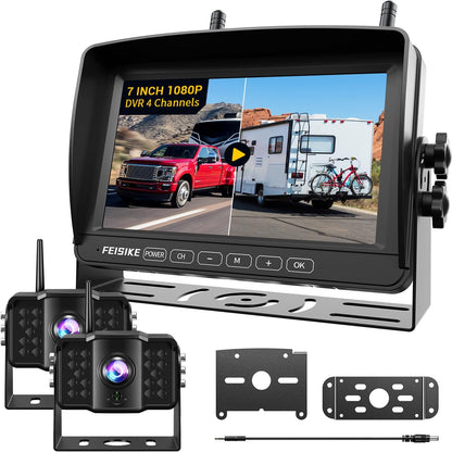 Dual RV Backup Camera Wireless with 7" 1080P Monitor, for Furrion Pre-Wired RVs, 4-Channel Split Screen System, Loop Recording, IR Night Vision, Wide Rear View Camera for Truck, Trailer, Camper