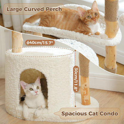 PAWZ Road Cat Tree for Indoor Cats Large Adults,38 Inches Modern Cat Tree Tower with Spacious Wicker Basket,Natural Solid Wood Scratching Posts,Curved Bed,Luxury Cat Condo for Large Cat