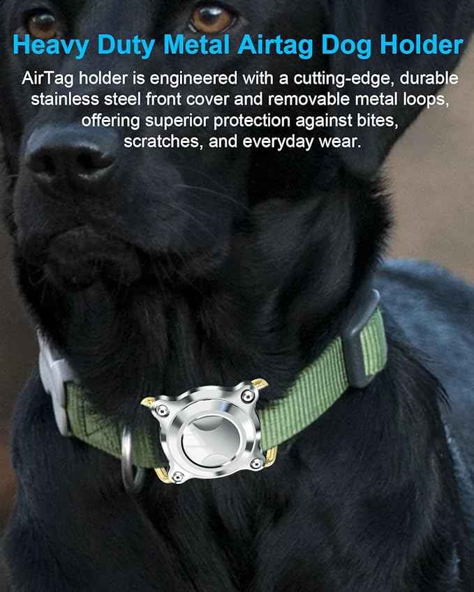Airtag Collar Holder - Silver, Waterproof with Metal Cover, Removable Loop, Chew Proof (2 Pack)