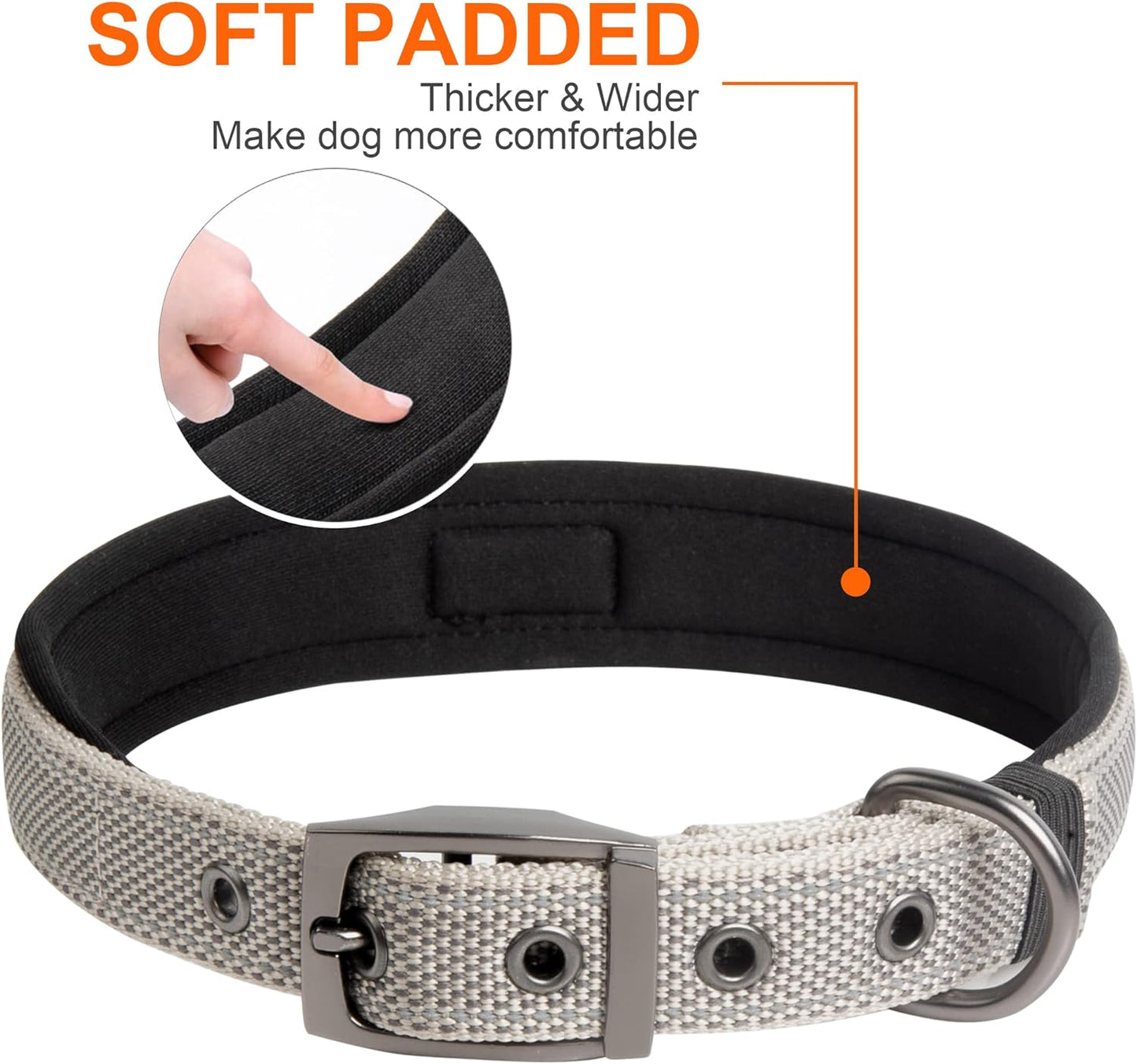 Fida Heavy Duty Dog Collar, Ultra Comfortable Soft Neoprene Padded, Adjustable Reflective Nylon Pet Collar with Durable Metal Belt Buckle for Medium Breeds (M, Grey)
