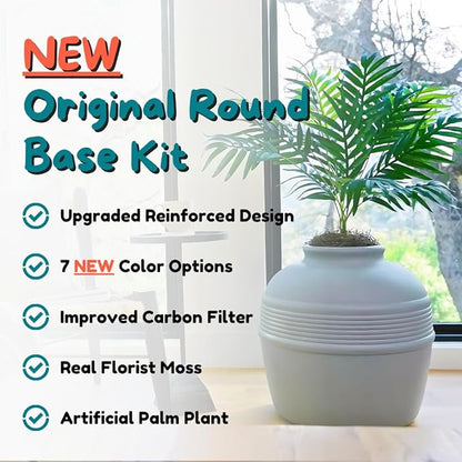 Good Pet Stuff Hidden Litter Box Planter, Decorative Cat Litter Enclosure with Carbon Filter, Artificial Plant, Easy Clean, Improved Design, Round Style, Base Kit, Pebble Gray
