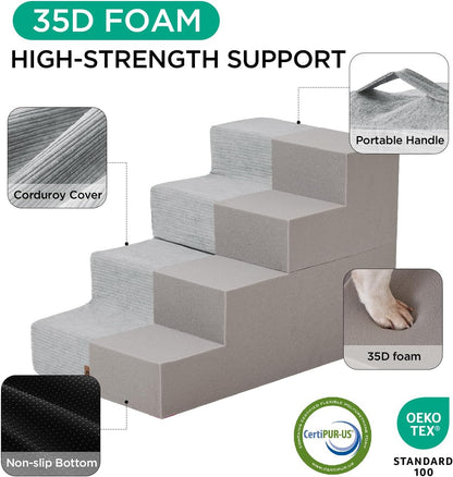 Made4Pets Dog Steps for Bed, Extra Wide Dog Stairs for High Bed Couch Sofa, 35D Foam Pet Steps for Small Dogs and Cats, Non-Slip Bottom Pet Stairs, Light Grey, 4 Steps