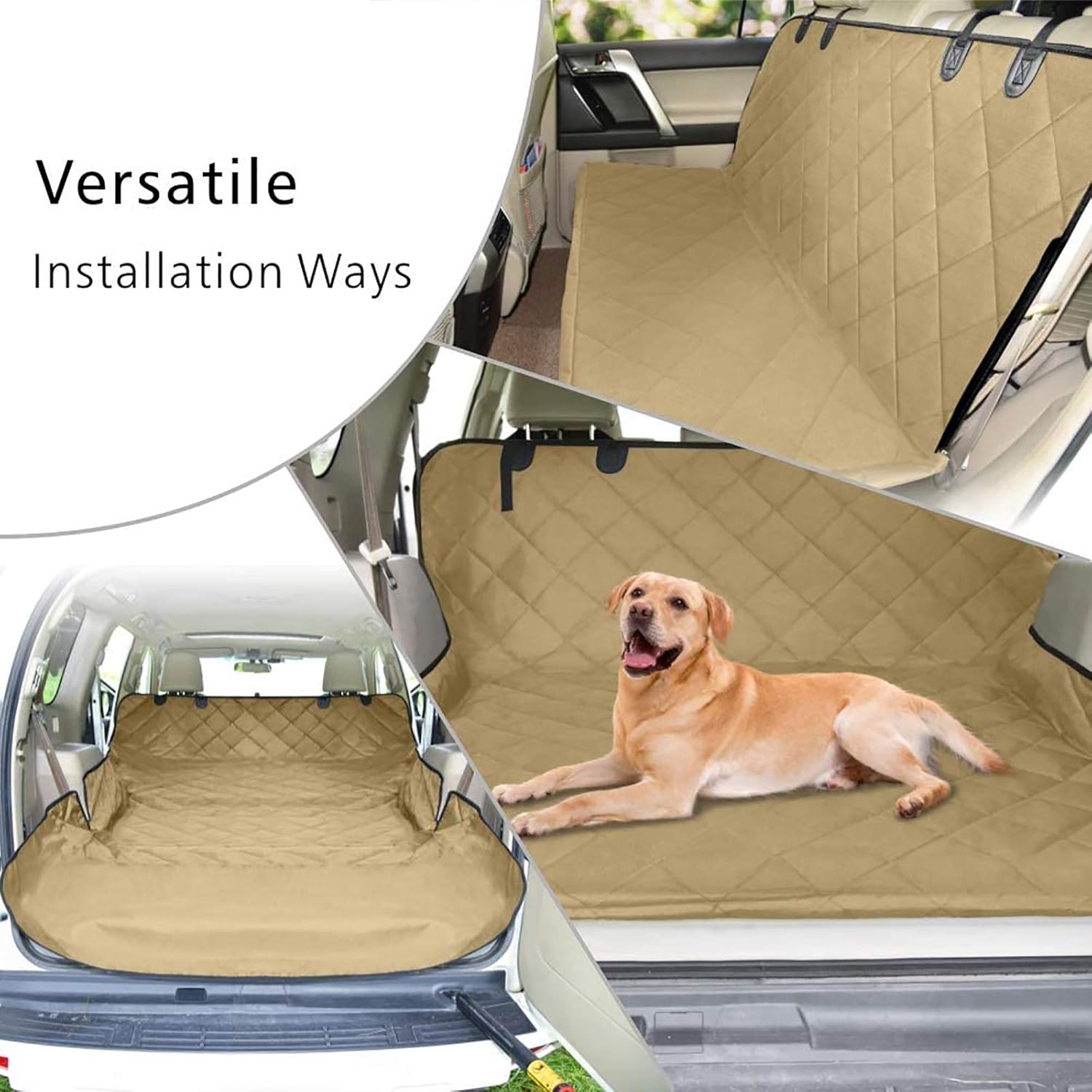F-color SUV Cargo Liner for Dogs, Water Resistant Pet Cargo Cover Dog Seat Cover Mat for SUVs Sedans Vans with Bumper Flap Protector, Non-Slip, Large Size Universal Fit, Khaki - Pawvie