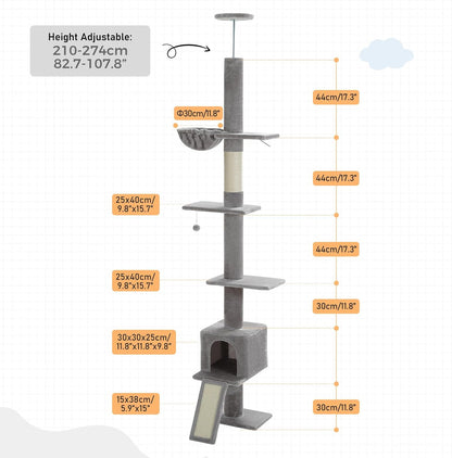 PEQULTI Floor to Ceiling Cat Tree, Tall Cat Tower, Adjustable Height (83''-108'') 5 Levels Climbing Tree for Indoor Cats with Cat Condo, Cozy Hammock and Scratching Post, Grey