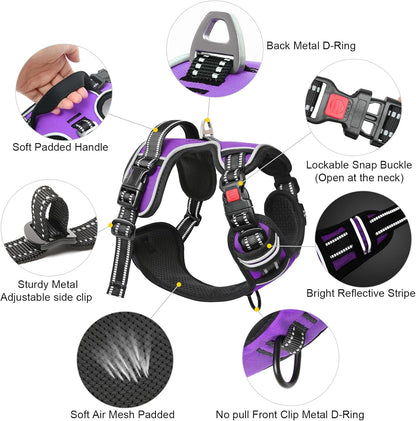 Timos Dog Harness Medium Sized, No Pull with Neck Lockable Snap,No Choke Front Clip Dog Reflective Harness,Adjustable Metal Rings 3 Buckles,Easy Control Handle for Medium Dogs Purple M
