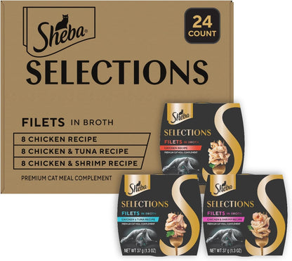 Sheba Selections Filets in Broth Adult Wet Cat Meal Complement Chicken, Tuna, or Shrimp Recipe, 1.3 oz. Cups, 24 Count