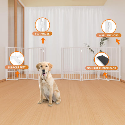 Full Metal Freestanding Dog Gate with Door, 32''Height Foldable Pet Dog Fence for Indoor & Outdoor, 6 Panels Extra Wide Free Standing TallDog Gates for Doorways,House,Stairs,Porch,Deck,Yard
