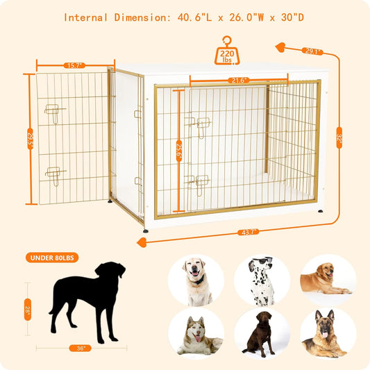 DWANTON Dog Crate Furniture with Cushion, Wooden Kennel Table with Double Doors, Indoor Dog House, Extra Large Size, 43.3" L, White+Gold