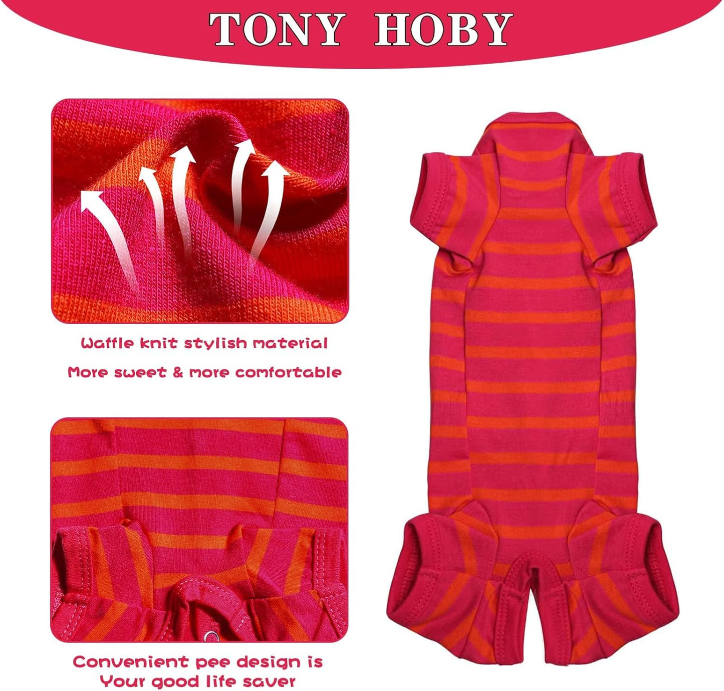 TONY HOBY Dog Pajamas, Female/Male Dog 4 Legged Pajamas, Soft Cotton Dogs Jumpsuit with Stripes (Rose Red&Orange, Girl, M)
