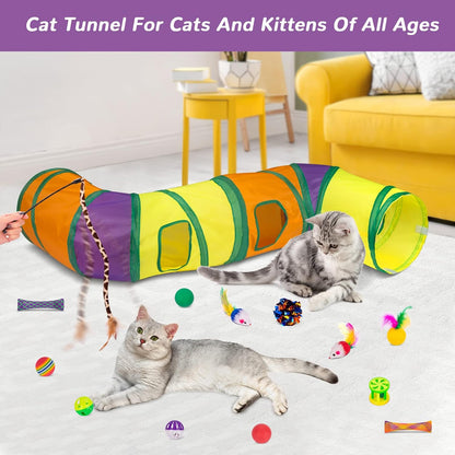 Retro Shaw Cat Toys Kitten Toys, Interactive Cat Tunnels Toy for Indoor Cats Kitty, Kitten Tube Tent Feather Wand Teaser Bell Fuzzy Ball Springs Mouse (33 Pcs Large Cat Tunnel Toys Set)