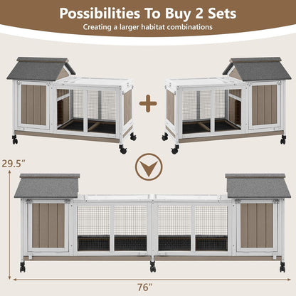 76''L Rabbit Hutch Outdoor Indoor with Wheels, Wooden 2 Story Bunny House Rabbit Cage with Run, Waterproof Roof, Pull Out Tray, Guinea Pig Cage Chicken Coop for Small to Medium Pets