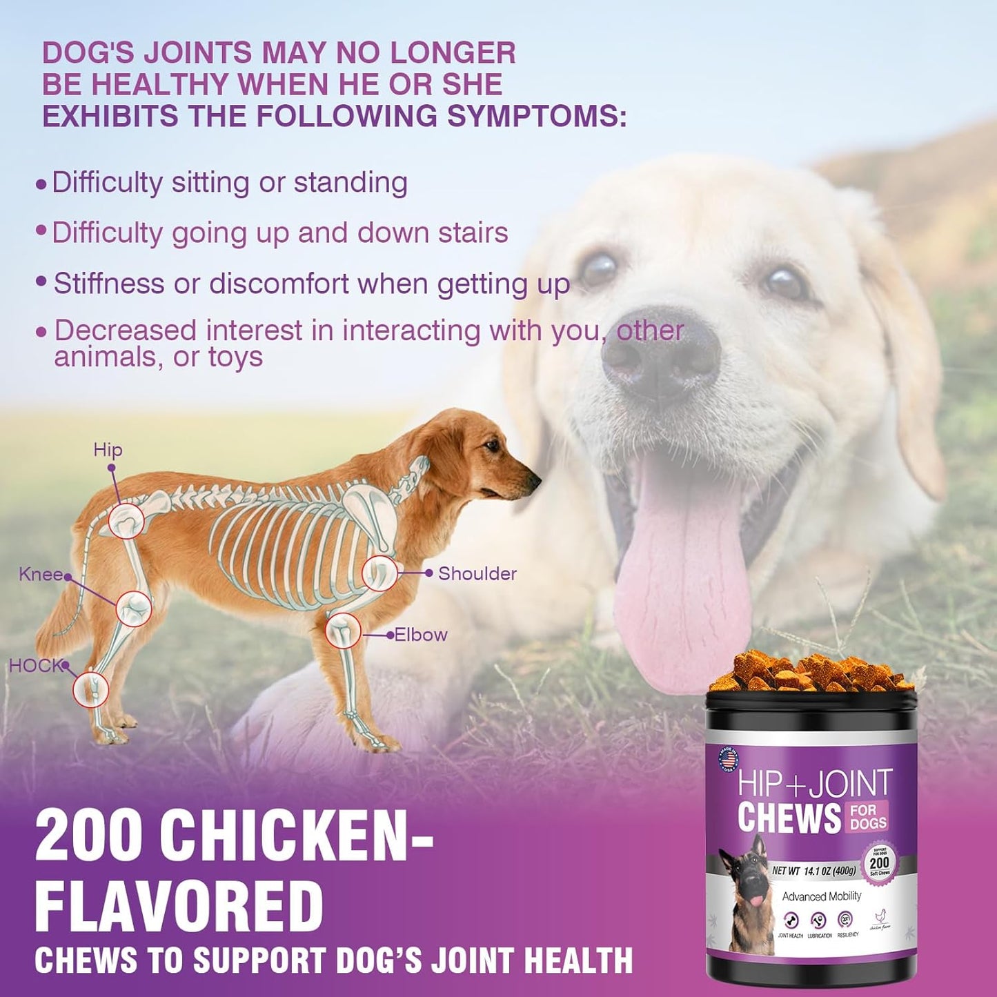 Glucosamine for Dogs 200pcs Joint Support Supplement Dog Hip and Joint Chondroitin Chews Treats with MSM Hemp Dog Joint Pain Relief Mobility Supplements Chicken Flavor Fit All Large Small Medium Breed