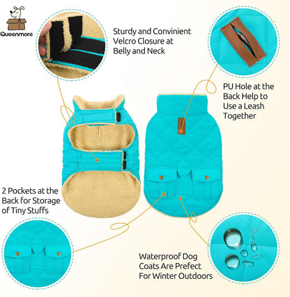 Queenmore Warm Dog Coat, Cold Weather Puffer Dog Coat Vest, Quilting Winter Pet Jacket Ultra Thick Plush Fleece Lining Pet Clothes for Dogs with Storage Pockets (Light Blue,X-Large)