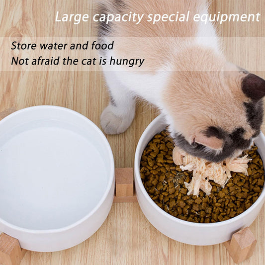 Petygooing Dog Bowls,White Ceramic Cat and Dog Bowl Set with Wood Stand for Food and Water, Non-Slip Cute Modern Pet Dish Set for Cats & Medium Dogs (28OZ)