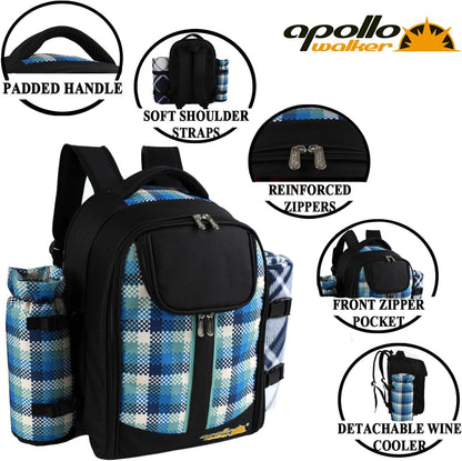 apollo walker Picnic Backpack Bag for 2 Person with Cooler Compartment, Detachable Bottle/Wine Holder, Fleece Blanket, Plates and Cutlery Set