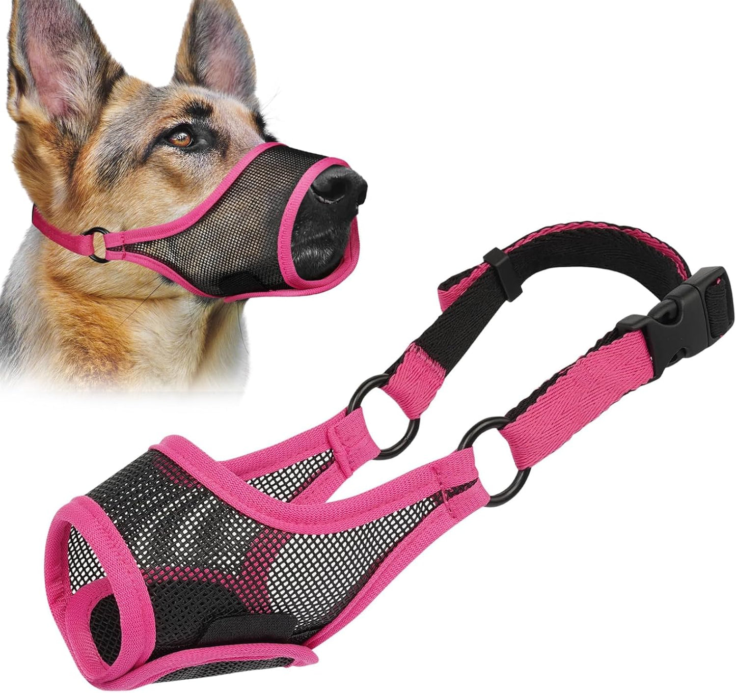 LUCKYPAW Dog Muzzle, Mesh Dog Muzzle for Large Medium Small Dogs, Soft Mouth Guard for Biting Chewing, Breathable Mouth Cover with Adjustable Strap for Training (Hot Pink, M(Snout:8.75"-9.5"))