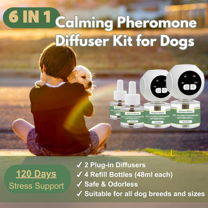 Dog Calming Pheromone Diffuser Kit with Timer – 2 Plug-Ins + 4 Refills – Smart 4-Level Timing Calming Aid – Stress Relief for Dogs – Help with Anxiety, Barking, Fighting, Thunder, Travel, Vet Visits
