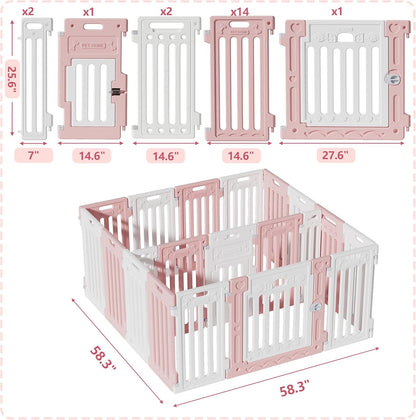 2 Room Dog Playpen with Door,DIY Shape Combination Puppy Pen,16-Panel+2 Link Piece+Large Door+Small Door,25.5" H Dog Fence,Non-Slip&Secure Pet Gate,Easy to Assemble,Pink + White