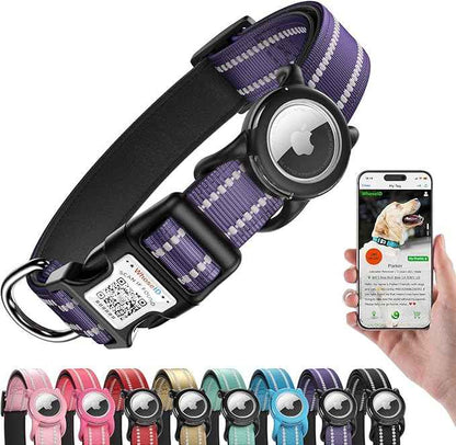 Dog Collar with AirTag Holder, Reflective Dog Collar, Soft Neoprene Padded & Safety Locking Buckle Adjustable Pet Collar (Purple, S)