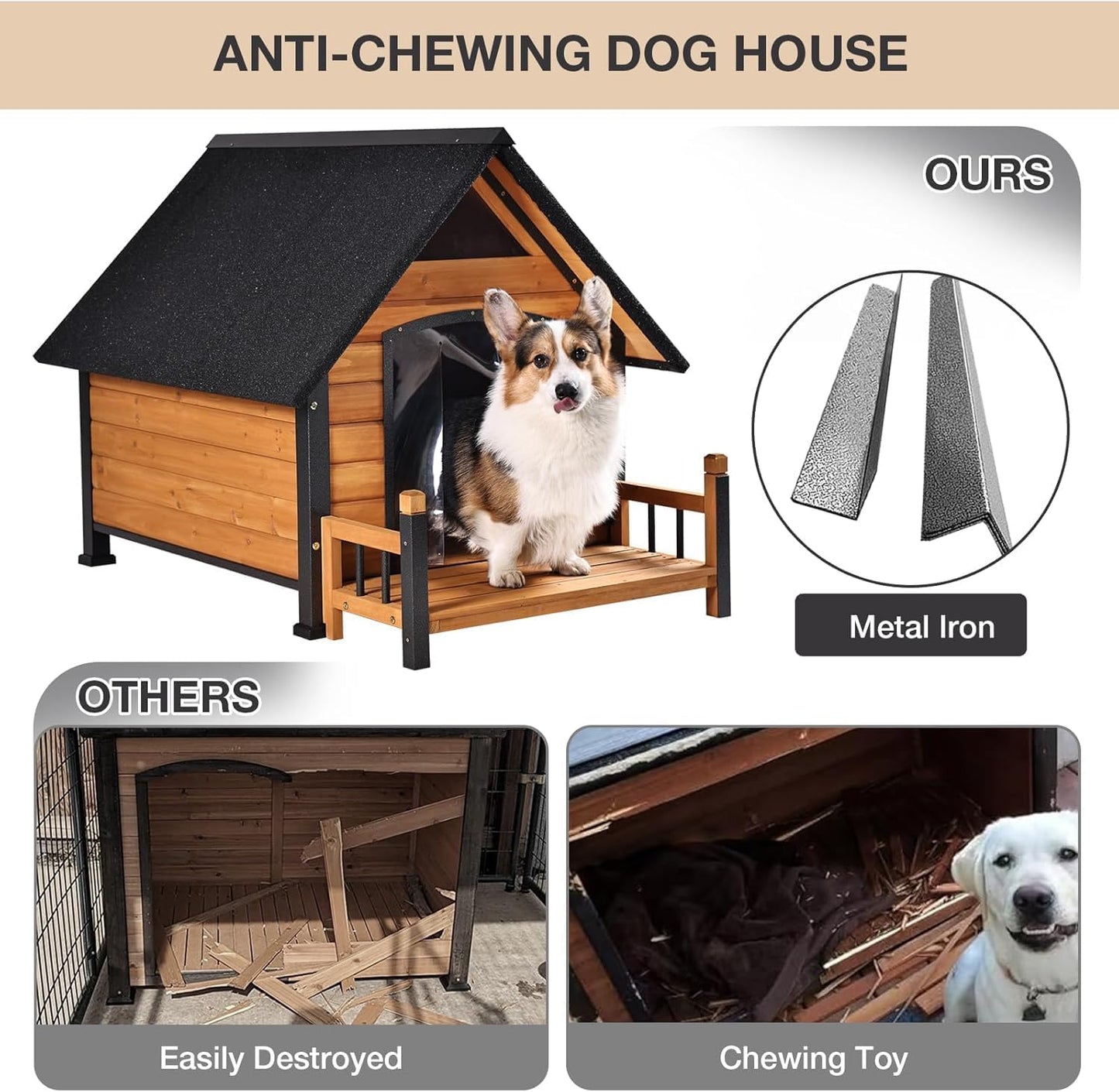 Dog House Outdoor Insulated, 50.87" L Large Dog Kennel with Chew-Proof Iron Frame, Suitable for Medium to Large Dogs (Brown)