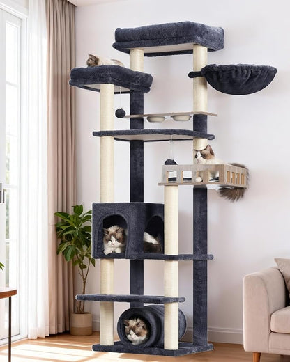 Cat Tree with Tunnel, Cat Tower for Indoor Cats, Tall Cat Tree Tower with Cat Condo, Food Station, Large Platform, Scratching Posts, Hammock, Smoky Gray GCT021G