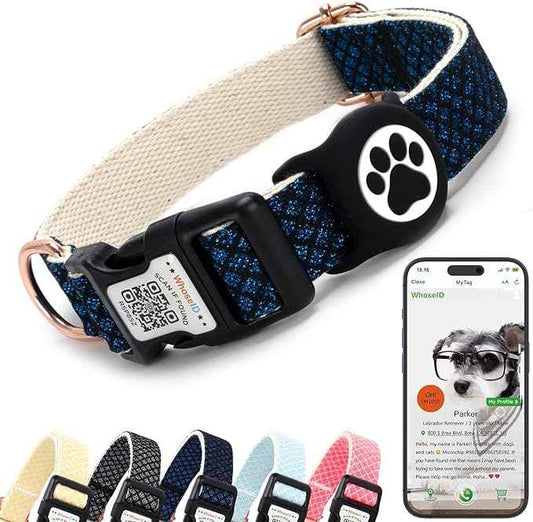 WhoseID Dog Collar with Waterproof AirTag Holder & Anti-Lost QR Code, Cute Bling Warpping Adjustable Width for Small Medium Large Pet (Blue, M)