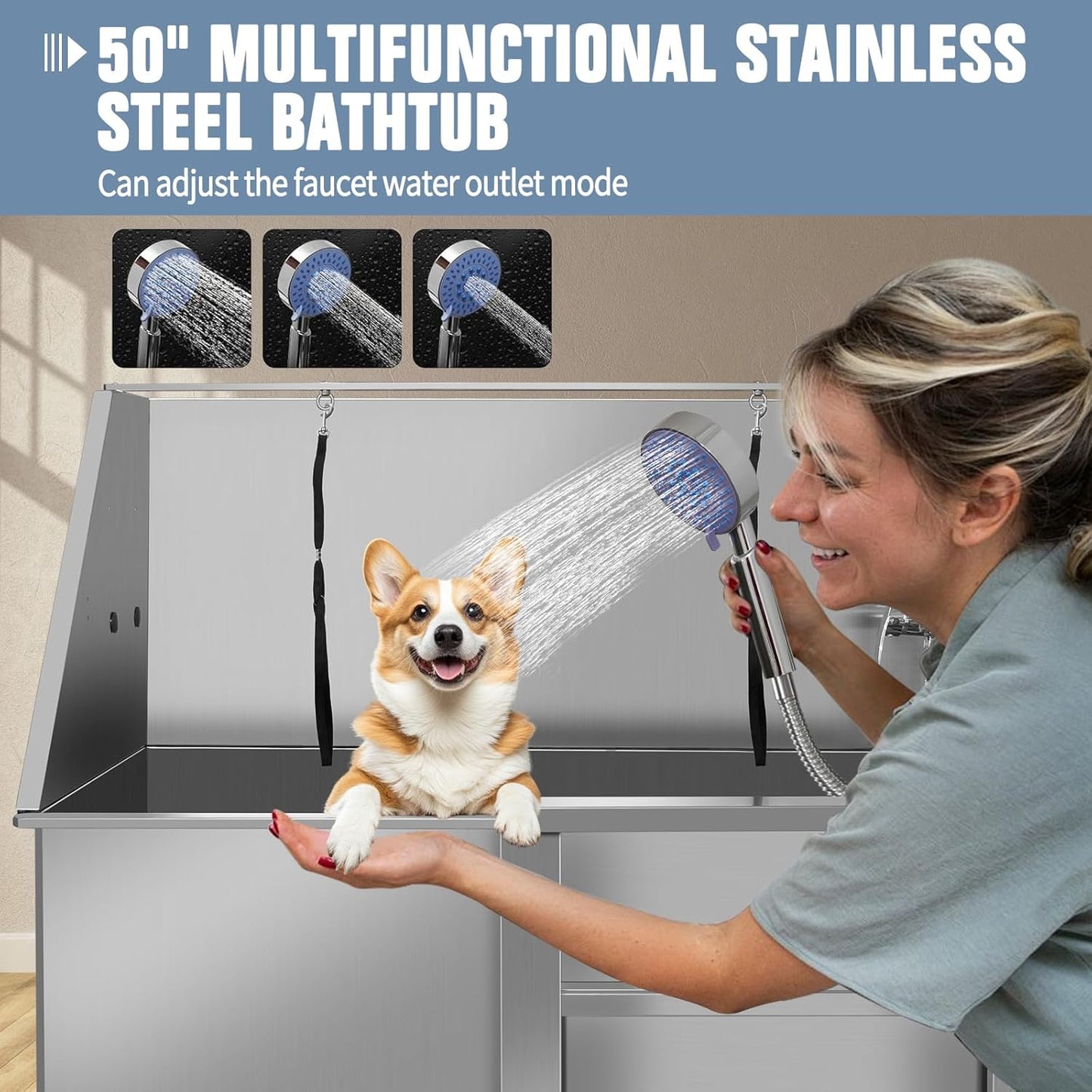 50" Pet Dog Bathing Station W/Ramp, Professional Stainless Steel Dog Grooming Tub W/Storage Drawer, Floor Grate, Faucet, Dog Bathtub for Large,Medium, Small Pets, Washing Sink for Home