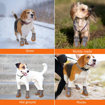 Dog Shoes for Small Dogs, Puppy Dog Boots & Paw Protector for Winter Snow Day, Summer Hot Pavement, Waterproof in Rain Weather, Ourdoor Hiking, Indoor Hardfloors with Anti Slip Sole 4PCS/Set