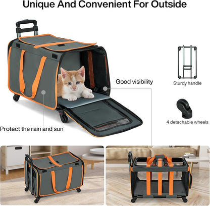MILADA Large Cat Carrier for 2 Cats, Soft Big Pet Carrier with Wheels, Double Cat Carrier on Wheels, Rolling Pet Carrier for Travel Hiking Shopping and Camping（Not for Air Travel）, Orange