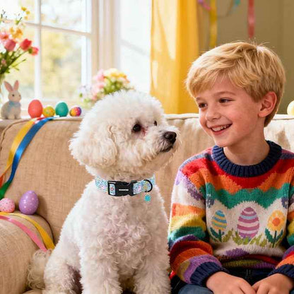 DOGWONG Easter Dog Collar-Cute Blue Easter Bunny Dog Collar, Easter Egg &Rabbit Pet Collars Puppy Collar Gifts with Quick Release Buckle for Girl&Boy Dogs,L