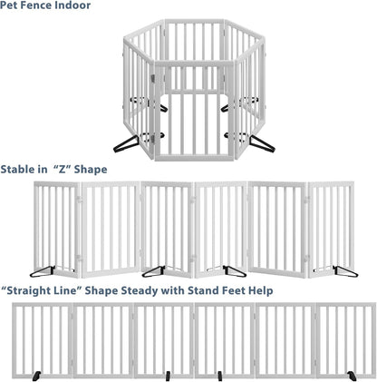 Dog Gates for Doorways Extra Wide 110inches (9ft), Wooden Freestanding Pet Gates for Dogs with 4 Support Stands, Foldable Gates for Dogs Indoor