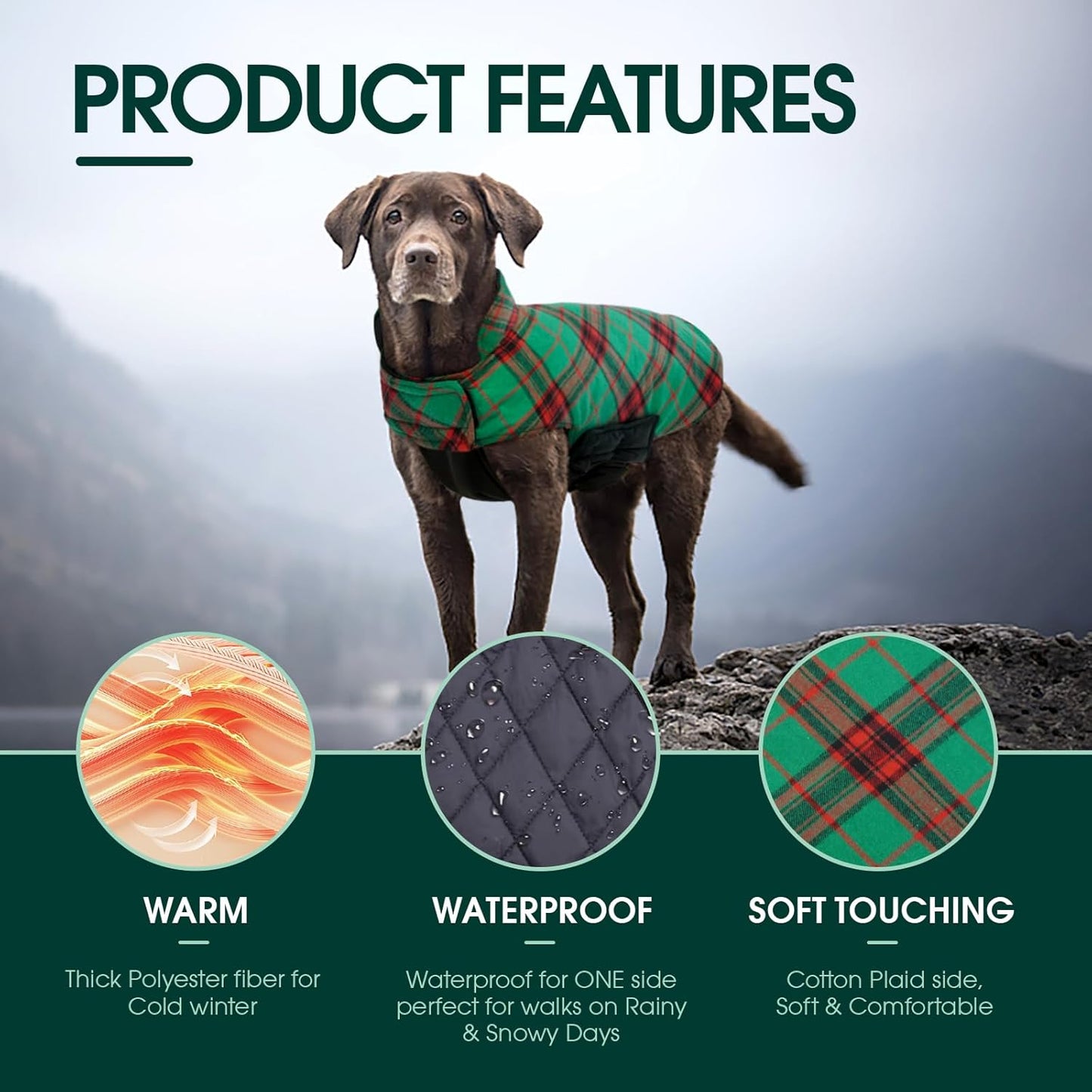 Kuoser Warm Dog Coat, Waterproof Dog Coats for X-Small Dogs, Adjustable Durable Doggie Winter Jacket Reversible Cozy Puppy Cold Weather Apparel from Small to Large Breed, Christmas Green XS