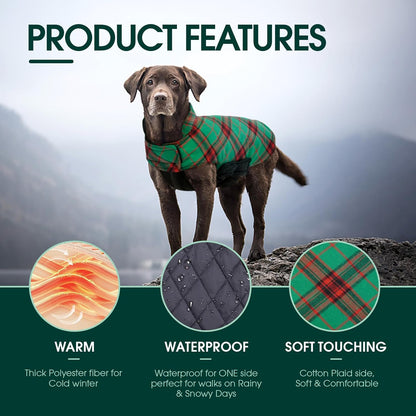 Kuoser Waterproof Dog Coat, Reversible Dog Jacket for Small Dogs, Adjustable Durable Doggie Winter Coat Warm Cozy Puppy Cold Weather Apparel from Small to Large Breed, Christmas Green S