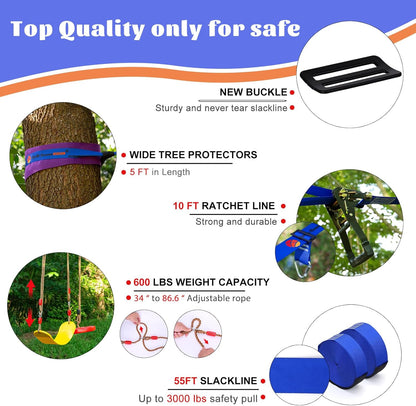 2x65 FT Ninja Warrior Obstacle Course for Kids with 13 Ninja Accessories - 600lbs Weight Capacity, Slackline with Swing Seat, Disc Swing, Ninja Wheel, Rope Ladder, Monkey Bar, Ninja Ring, Arm Trainer