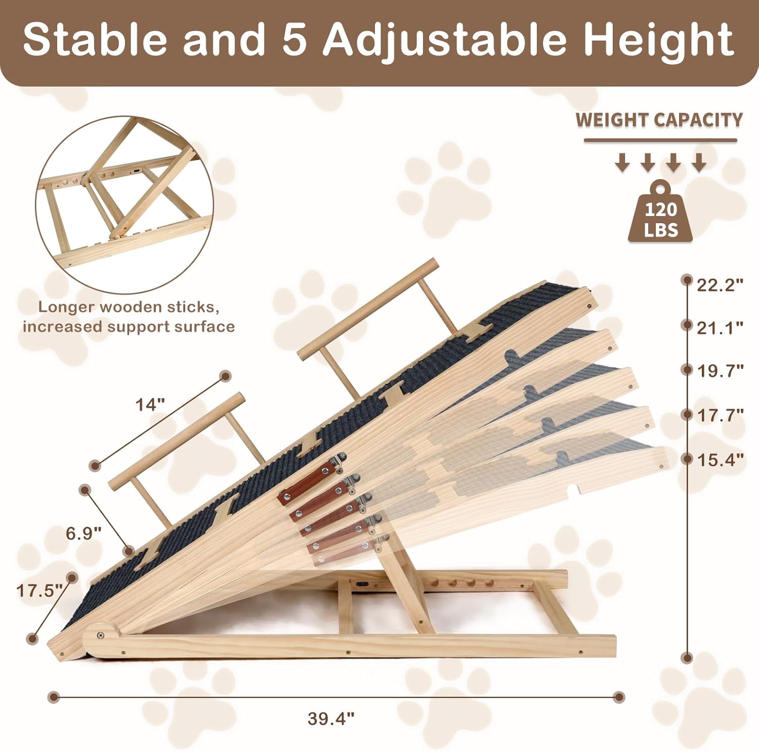 Dog Ramp for Bed, Non-Slip Pet Ramp with 5 Adjustable Heights, Portable Foldable Wooden 40" Long Pet Stairs for Small & Large Old Dogs & Cats - Lightweight & Easy Storage - Pawvie