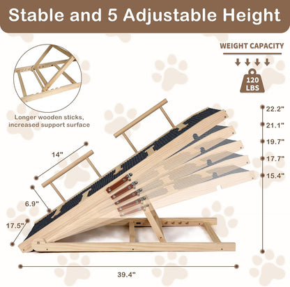 Dog Ramp for Bed, Non-Slip Pet Ramp with 5 Adjustable Heights, Portable Foldable Wooden 40" Long Pet Stairs for Small & Large Old Dogs & Cats - Lightweight & Easy Storage - Pawvie