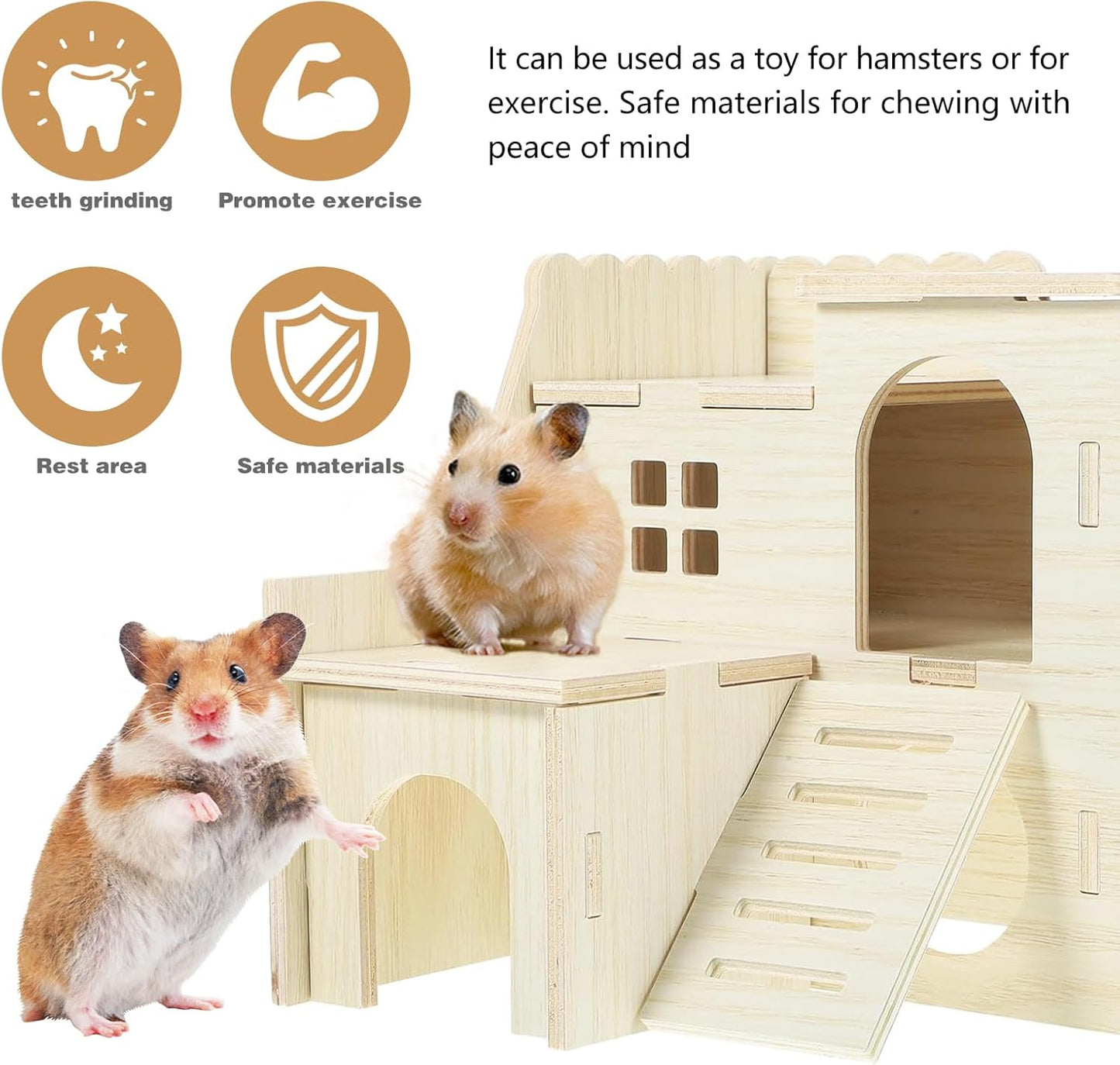 Hamster Toys 5-Piece Set ，Hamster House, Swing, Climbing Ladder, Seesaw & Exercise Wheel，Pet DIY Sport Exercise Toys Set, Small Animal Habitat Accessories ，Gerbils, Mice（Natural Wood）