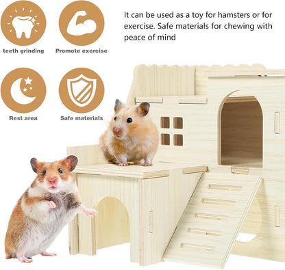 Hamster Toys 5-Piece Set ，Hamster House, Swing, Climbing Ladder, Seesaw & Exercise Wheel，Pet DIY Sport Exercise Toys Set, Small Animal Habitat Accessories ，Gerbils, Mice（Natural Wood）