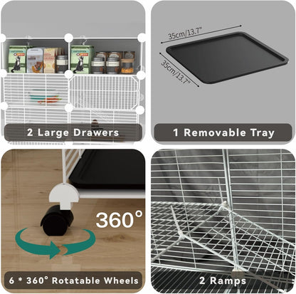 C&C Guinea Pig Cages Indoor on Wheels, 3 Tier Ferret Cage Small Animal Hideout House with Drawer & Removable Tray, Pet Playpen Fence for 1-3 Hamster Rat Chinchilla Hedgehog