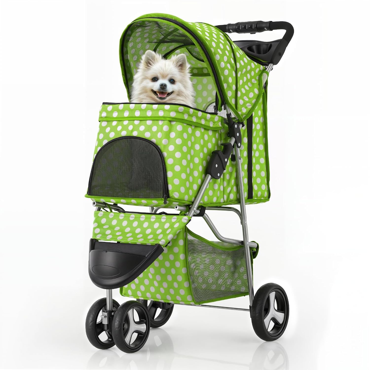 MoNiBloom 3 Wheels Pet Dog Cat Stroller for Small Medium Dogs Cats, Foldable Jogger Stroller w/Storage Basket and Cup Holder, Lawn Green Polka Dots - Pawvie