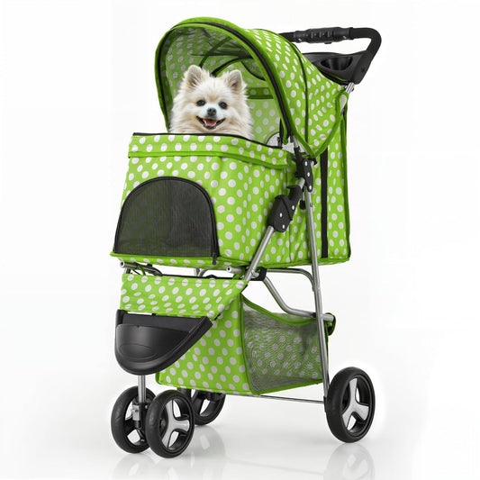 MoNiBloom 3 Wheels Pet Dog Cat Stroller for Small Medium Dogs Cats, Foldable Jogger Stroller w/Storage Basket and Cup Holder, Lawn Green Polka Dots - Pawvie