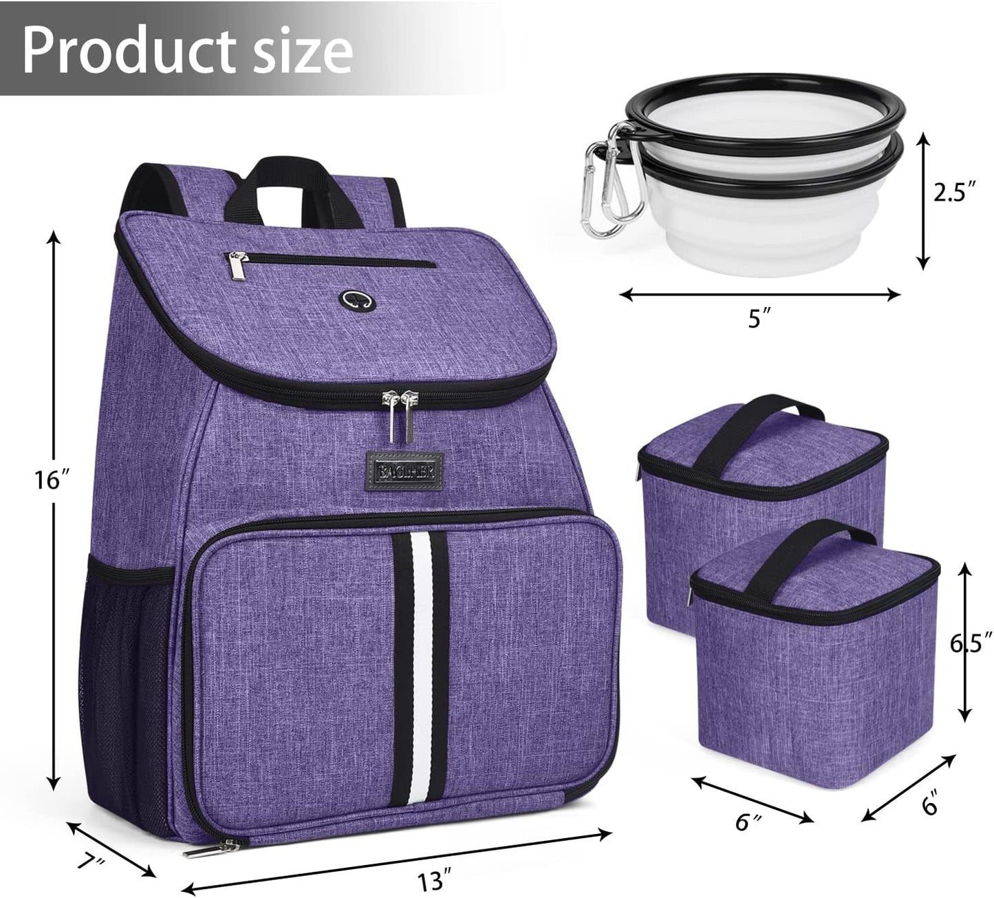 BAGLHER丨Dog Travel Bag, Airline Approved Pet Supplies Backpack, Dog Travel Backpack Accessories Set with 2 Silicone Collapsible Bowls and 2 Food Baskets. Purple - Pawvie